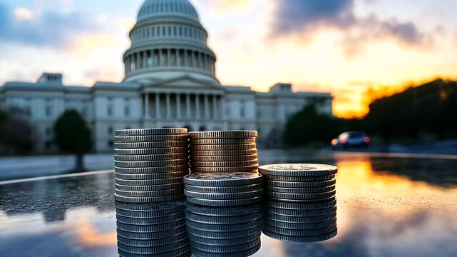 A small stack of coins in front of a vast government building, illustrating the concept of inflation eroding economic value over time.