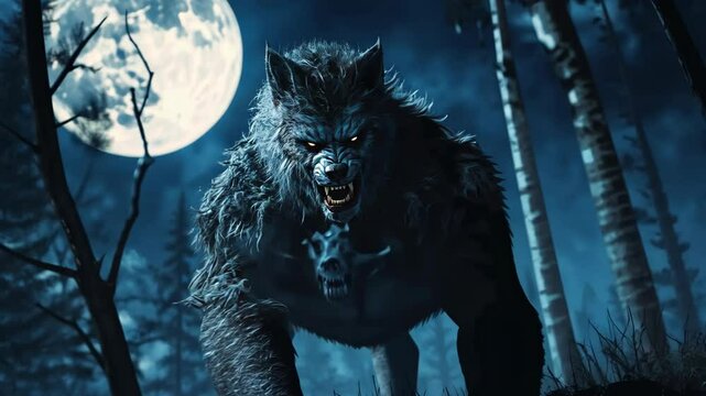 Majestic werewolf hunt under full moon in mysterious forest landscape