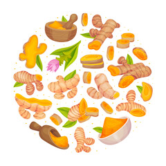 Turmeric Root Nature Spice and Plant Round Composition Vector Template
