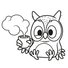Cute cartoon little sleepy owl with cup cf coffee or tea outlined isolated on white background