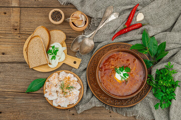 Traditional Ukrainian borscht. Hot dish, national red soup, served in classic style.