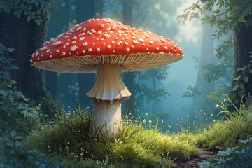 Fototapeta premium Mushroom in a forest, enchanting atmosphere and vibrant colors, realistic illustration, mystical setting