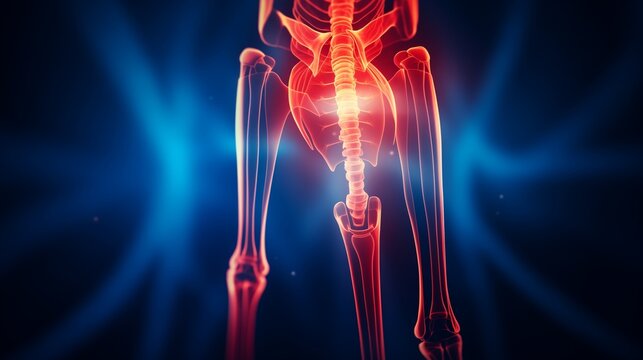 Knee painful - skeleton X-ray, highlighting inflammation in the joint with a glowing red pain indicator, showcasing medical anatomy.