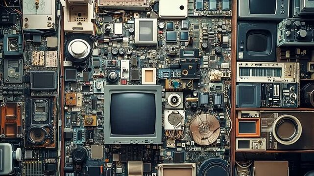 Retro Tech Collage: A Nostalgic Composition of Vintage Electronics and Circuit Boards