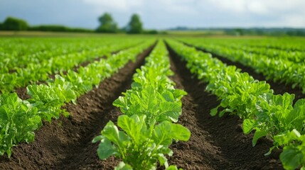 Lush green lettuce rows flourishing in a rural field under a bright sky during the day