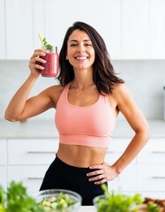 Healthy Woman Enjoying a Refreshing Detox Smoothie in a Bright Kitchen