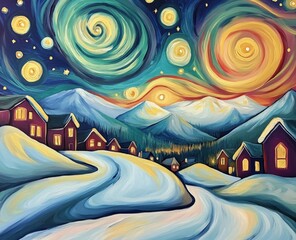 Obraz premium A painting of a starry night sky, trees, and a village foreground