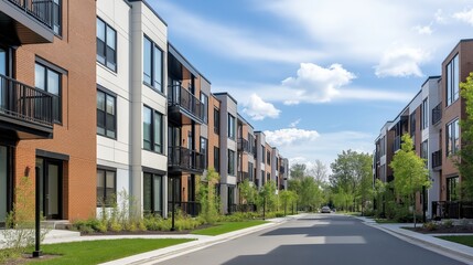 Naklejka premium Modern residential complex with spacious balconies and greenery lining a quiet street on a sunny day