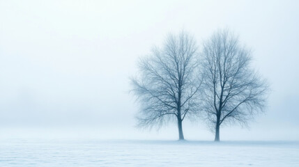 serene winter landscape featuring two bare trees in soft fog, surrounded by pale blue and white atmosphere, evoking sense of calm and tranquility