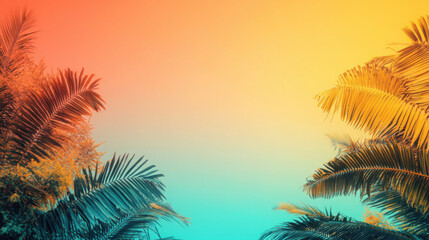 Fototapeta premium Vibrant tropical gradient with turquoise, yellow, and orange hues, featuring lush palm leaves framing scene. serene and colorful backdrop for summer vibes