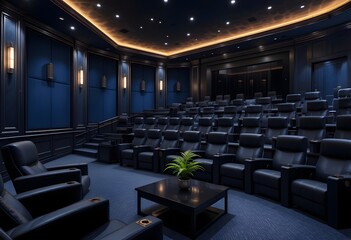 Naklejka premium Home Theater with Dark Blue Walls, Tiered Seating, and Large Screen