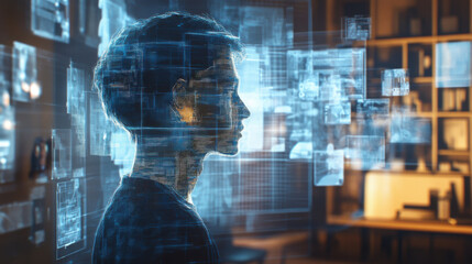 person interacting with virtual data streams, surrounded by digital information. scene conveys sense of innovation and technology in modern environment