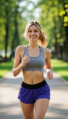 Fototapeta premium Woman Jogging in a Park on a Bright Sunny Day