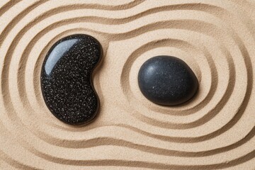 Two smooth rocks are precariously sitting on top of each other in the soft sand