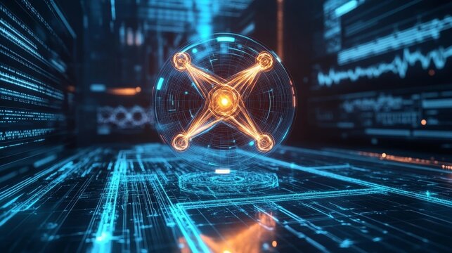 Futuristic 3d molecular model with glowing atomic connections on a digital blue science backdrop - Powered by Adobe