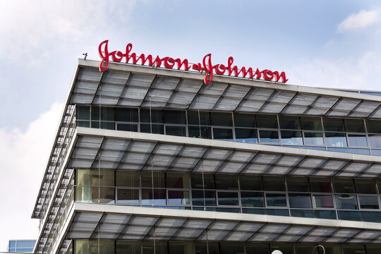 PRAGUE, CZECH REPUBLIC - MAY 12 2018: Johnson & Johnson company logo on headquarters building on May 12, 2018 in Prague, Czech Republic.