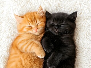 Adorable ginger and black kittens cuddling while sleeping