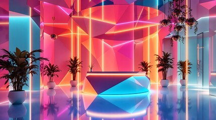 Futuristic Reception Area with Geometric Design and Neon Lighting