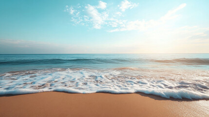 Fototapeta premium serene ocean view with gentle waves lapping against sandy shore, under bright blue sky. tranquil scene evokes sense of peace and relaxation