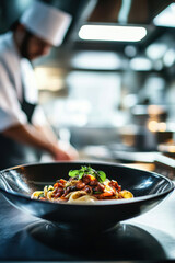 Delicious seafood pasta dish served elegantly in restaurant setting, with chef preparing in background, creating warm and inviting atmosphere