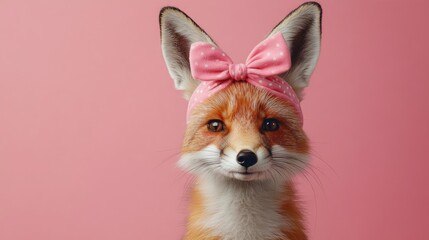 A cute fox wearing a pink bow headband against a soft pink background.