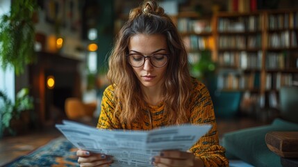 Young woman reading newspaper in cozy home.