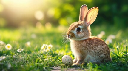 Fototapeta premium A cute rabbit sitting in a green meadow surrounded by flowers and sunlight.