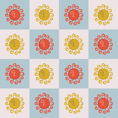 Sun seamless pattern. Happy Easter print. Boho style background with mystical Sun on checkered backdrop. Hand drawn flat design vector illustration.
