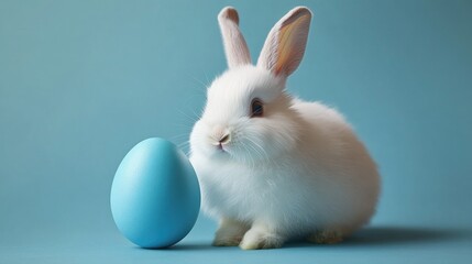 Obraz premium A fluffy white rabbit sitting next to a blue egg on a soft blue background.