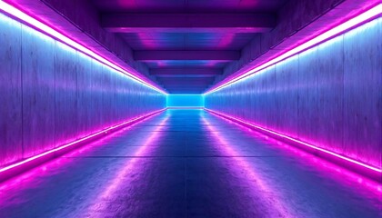Fototapeta premium A long corridor with concrete walls and ceiling is lined with neon lights that cast a purple glow.