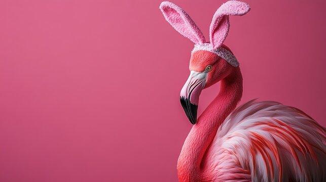 A vibrant pink flamingo adorned with bunny ears against a colorful backdrop.