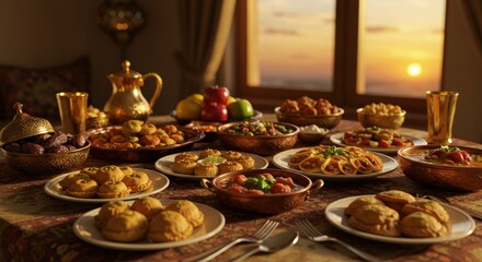 Ramadan kareem iftar time foods with family dates fry foods