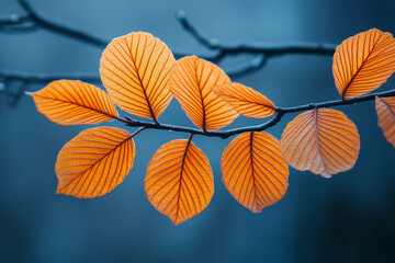 Obraz premium Autumn’s brilliance shines through vibrant orange leaves, set against a cool-toned backdrop. The contrast between warmth and cold creates a visually striking seasonal composition.