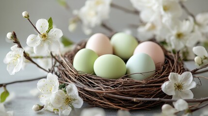 Beautiful nest with pastel-colored eggs surrounded by delicate white flowers.