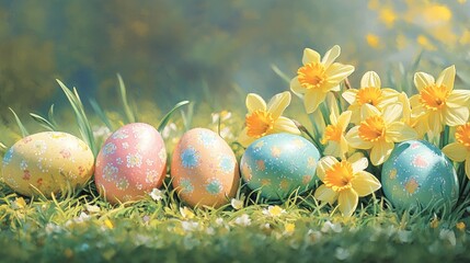 Colorful Easter eggs among bright yellow flowers in a vibrant spring setting.