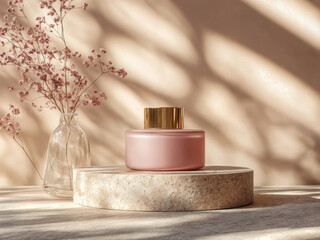 Mockup di vasetto cosmetico rosa con tappo dorato su podio naturale per skincare o makeup