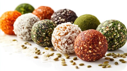 Obraz premium Colorful energy balls arranged in a line, ideal for healthy snacking.