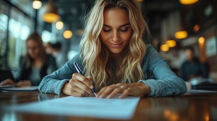 Fototapeta premium Focused young woman writing at a cafe table.