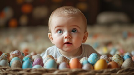 Obraz premium Curious baby surrounded by colorful Easter eggs, capturing a joyful moment.