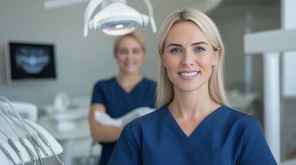 Fototapeta premium Smiling dental professionals in a modern clinic during a routine check-up