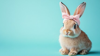 Obraz premium Cute rabbit wearing a pink bow on a pastel background, perfect for spring themes.
