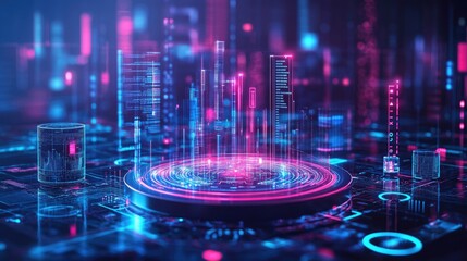 Futuristic digital interface displaying vibrant data and holographic elements.