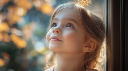 Fototapeta premium Child gazing upward with wonder, bathed in soft, natural window light.