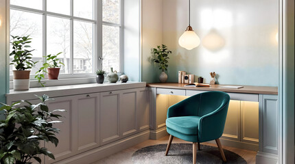 Cozy Home Office with Teal Armchair, Built-in Desk, and Window