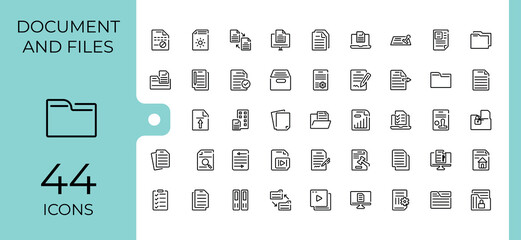 Document And Files linear icon collection. Includes thin line page, note, form, paper, message and more. Simple line vector. Editable stroke.