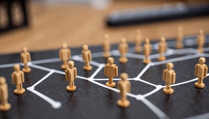 A close-up of a board game with wooden figurines on a black surface.