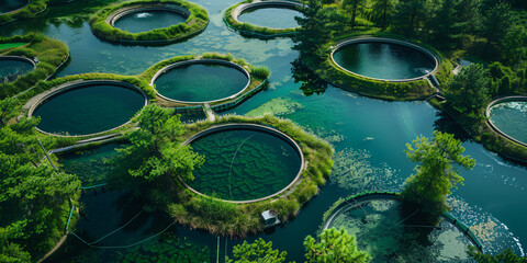 A natural-inspired biological water treatment plant, where a series of cascading filtration pools and bio-reactors process wastewater