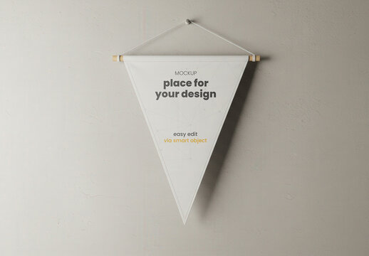 Triangular Fabric Pennant Hanging on a Wall Mockup