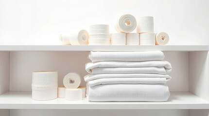 A neatly arranged set of medical gauze and bandages on a shelf