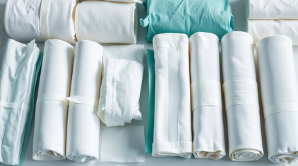 A neatly arranged set of medical gauze and bandages on a shelf